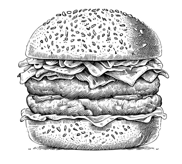 Hamburger Hand Drawn Engraving Sketch Restaurant Business Concept Vector Illustration — Stock Vector