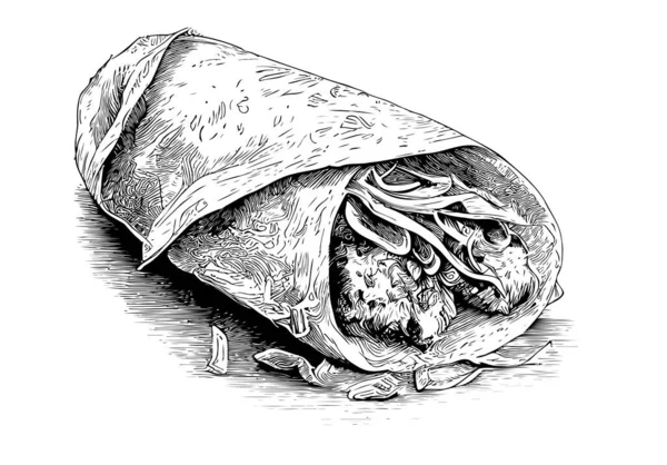 Burrito Köstliches Lateinamerikanisches Essen Handgezeichnet Gravur Skizze Restaurant Geschäftskonzept Vector — Stockvektor