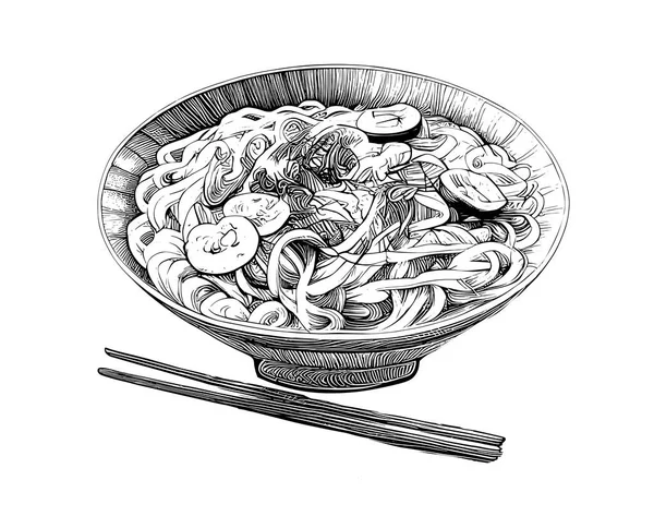 亚洲面条手绘雕刻草图餐馆商业概念矢量图解 — 图库矢量图片