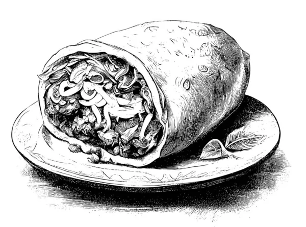 Burrito Lateinamerikanisches Essen Handgezeichnete Gravur Skizze Restaurant Geschäftskonzept Vector Illustration — Stockvektor