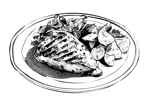 Gegrilltes Hühnchen Mit Kartoffeln Handgezeichnete Gravur Skizze Restaurant Geschäftskonzept Vector — Stockvektor