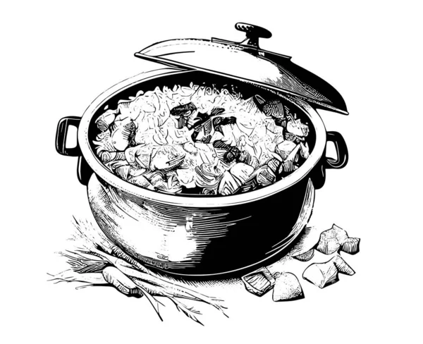 Pilaf Asiatique Nourriture Dessinée Main Gravure Croquis Restaurant Concept Entreprise — Image vectorielle