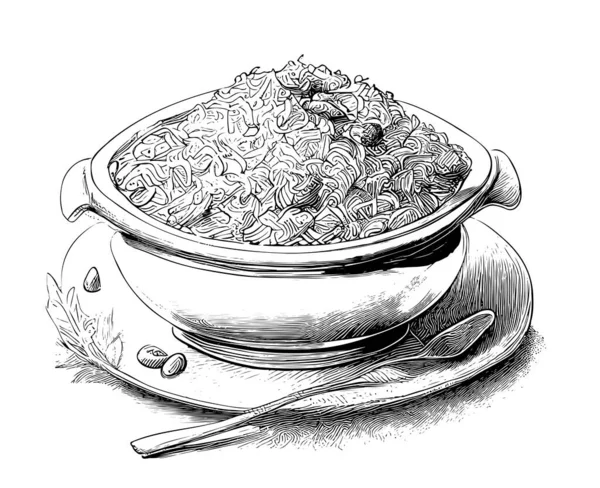 Ρύζι Χέρι Κρέας Σχέδιο Χαρακτικής Εστιατόριο Επιχειρηματική Έννοια Διάνυσμα Εικονογράφηση — Διανυσματικό Αρχείο