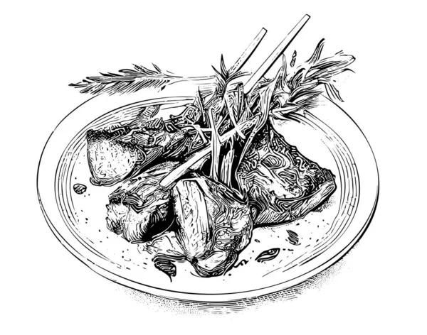 Lamb Ribs Plate Hand Drawn Sketch Latin American Food Restaurant — Stock Vector