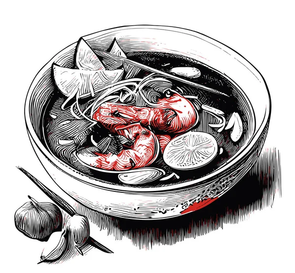 Креветки Суп Ручной Работы Эскиз Азиатской Кухни Ресторанный Бизнес Concept — стоковый вектор