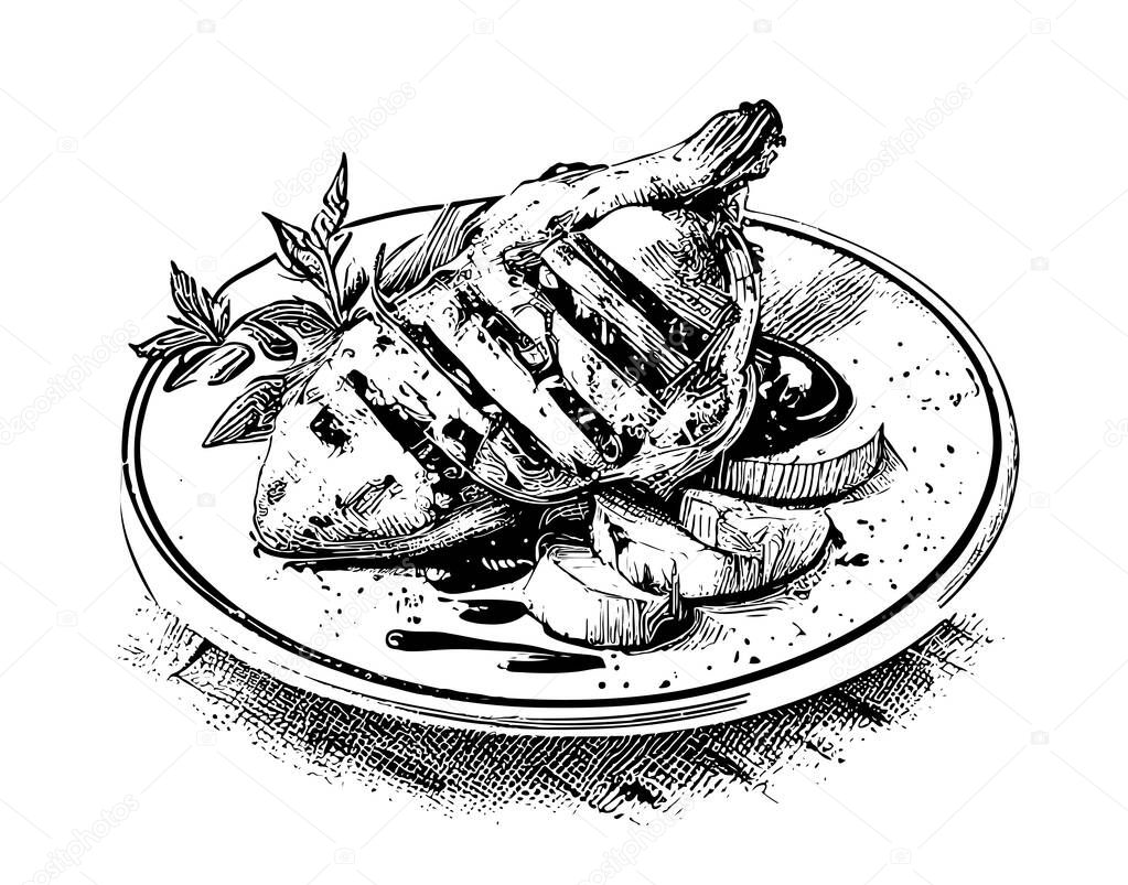 Fried chicken piece hand drawn sketch Latin American food Restaurant business concept.Vecftor illustration.