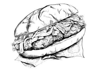 Lula Kebap in a bun hand drew sketch Asian food restaurant business konsepti. Vektör illüstrasyon.