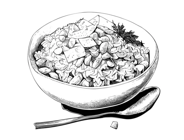 Rýže Masem Talíři Ručně Kreslený Náčrt Asijské Jídlo Restaurace Obchodní — Stockový vektor