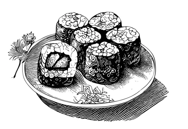 Суши Рулоны Тарелке Ручной Рисовать Эскиз Азиатской Кухни Ресторан Бизнес — стоковый вектор