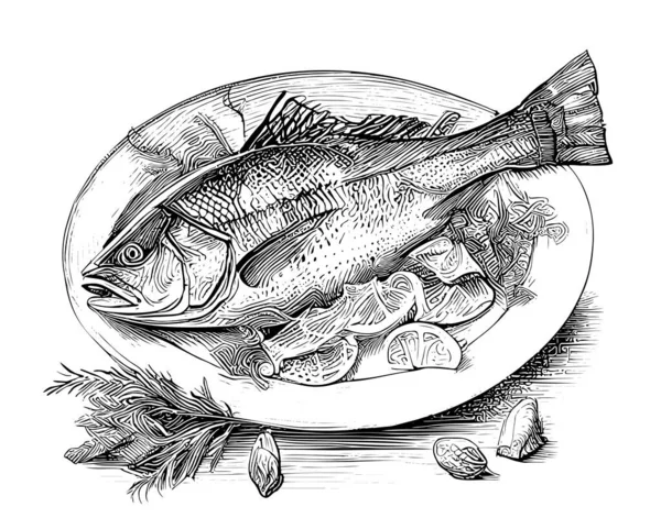 お皿の上で魚を揚げ手描きスケッチアジア料理レストランビジネスコンセプト — ストックベクタ