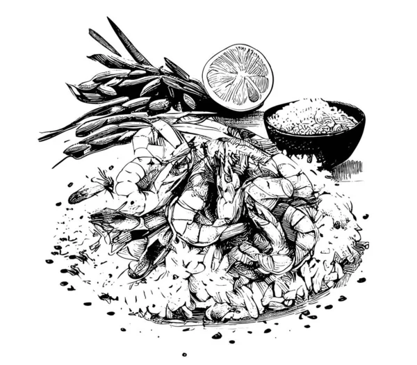 Krevety Rýže Ručně Kreslené Náčrt Potravin Restaurace Obchodní Koncepce Vektorové — Stockový vektor