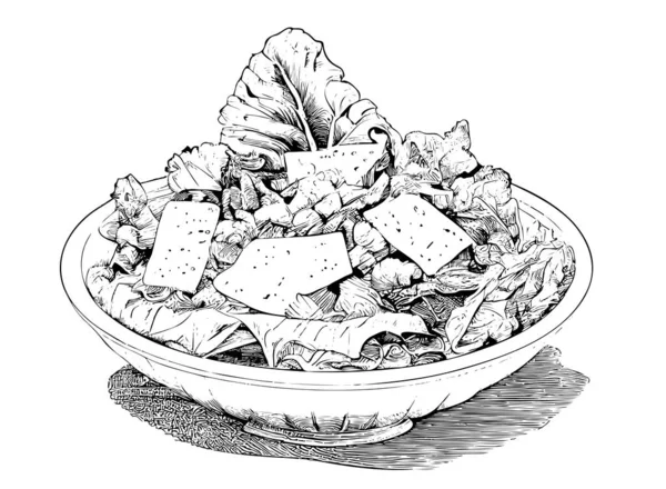 Caesar Salát Kuřecím Masem Sýrem Ručně Kreslené Náčrtky Potravin Restaurace — Stockový vektor