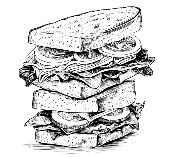 Große Doppelte Sandwich Handgezeichnete Skizze Lebensmittel Restaurant Geschäftskonzept Vector Illustration — Stockvektor