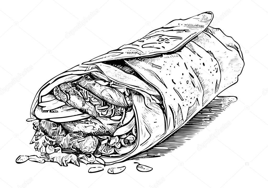 Shawarma doner sketch hand drawn food Restaurant business concept.Vector illustration.
