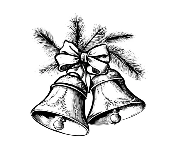 Campane Natale Ramo Albero Natale Disegnato Mano Schizzo Illustrazione Vettoriale — Vettoriale Stock