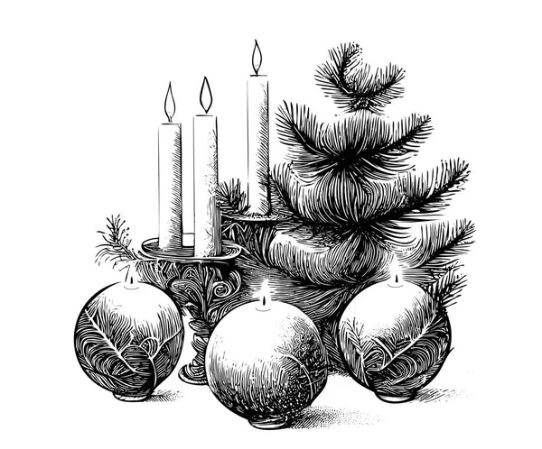 Velas Bolas Navidad Junto Árbol Navidad Boceto Dibujado Mano Vector — Vector de stock