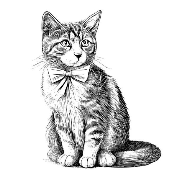 Kitten Arc Cravată Ședință Mână Desenat Schiță Animale Companie Vector — Vector de stoc