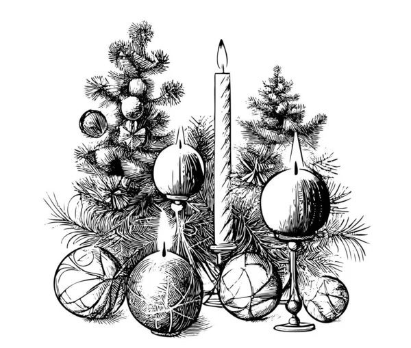 Weihnachtskerzen Und Kugeln Auf Dem Hintergrund Von Weihnachtsbäumen Handgezeichnete Skizze — Stockvektor