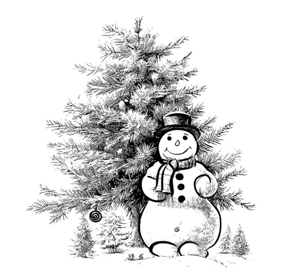 Χιονάνθρωπος Στην Κορυφή Καπέλο Και Κασκόλ Στέκεται Κοντά Στο Χέρι — Διανυσματικό Αρχείο
