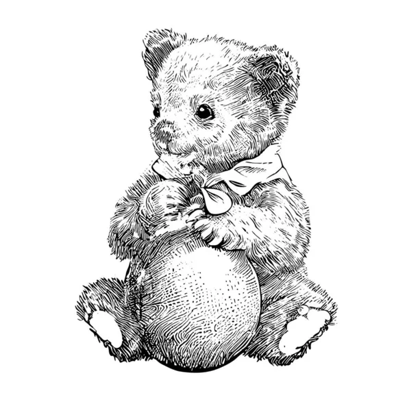 Αρκουδάκι Κάθεται Και Κρατώντας Μια Μπάλα Στα Χέρια Του Παλιό — Διανυσματικό Αρχείο