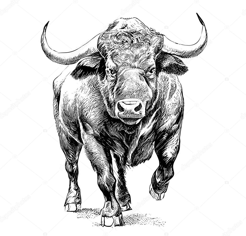 Angry bull runs towards the opposite direction hand drawn sketch Vector illustration