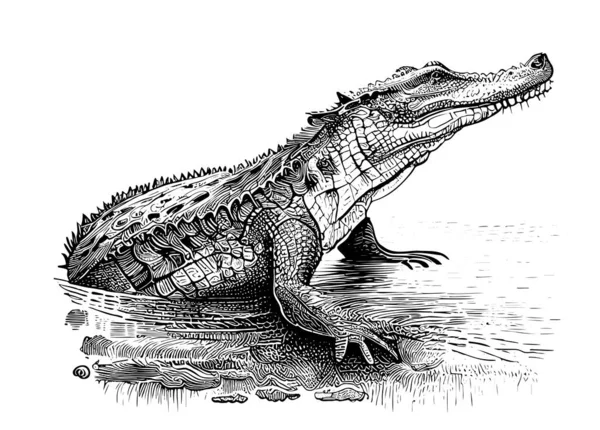 Crocodile Assis Dans Eau Croquis Dessiné Main Illustration Vectorielle — Image vectorielle
