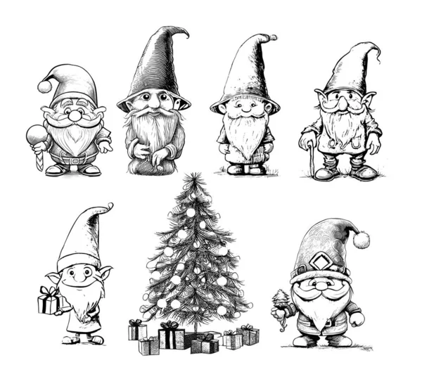 Set Gnomes Fir Tree Christmas Sketch Hand Drawn Engraving Style — Stock Vector