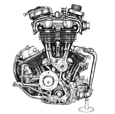 Motorcycle engine hand drawn sketch engraving style logo Vector illustration clipart