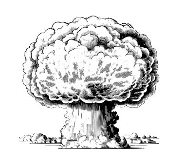 Nükleer enerji patlaması atomik mantar el çizimi Vektör illüstrasyonu