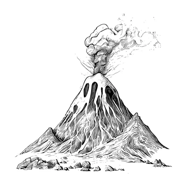 Volcano Spewing Lava Sketch Hand Drawn Doodle Style Vector Illustration — Vector de stock