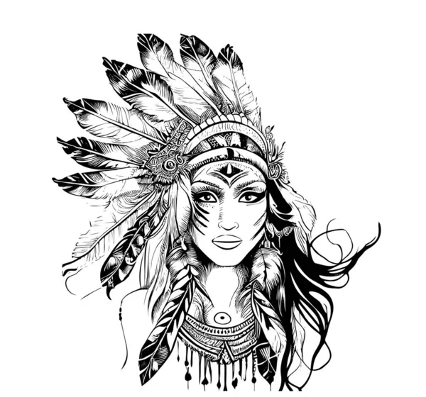 Portrait Indian Chief Girl Feathers Sketch Hand Drawn Doodle Style — Image vectorielle