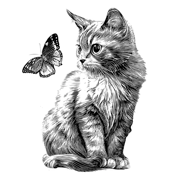 Cute Kitten Sitting Looking Flying Butterfly Hand Drawn Sketch Engraving — Image vectorielle
