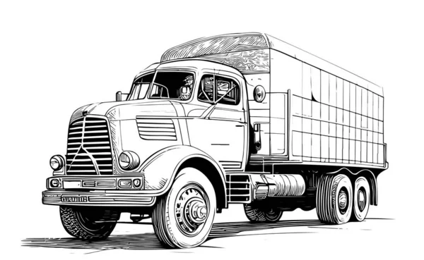 Vintage Van Φορτηγό Χέρι Σχέδιο Σκίτσο Χαρακτική Στυλ Διάνυσμα Εικονογράφηση — Διανυσματικό Αρχείο