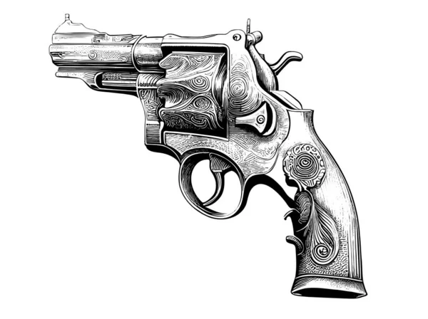 Vintage Revolver Senjata Gambar Tangan Vektor Ilustrasi - Stok Vektor