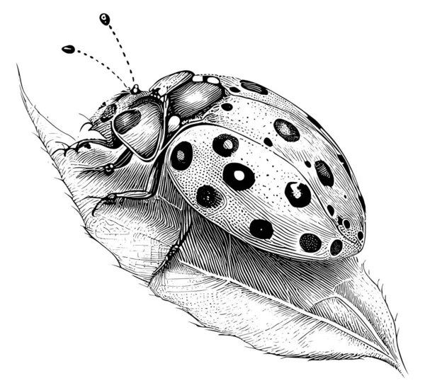 Ladybugは葉の昆虫の手に座って落書きスタイルでスケッチを描いたベクトルイラスト — ストックベクタ