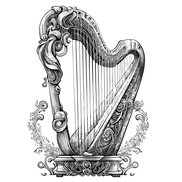 Vintage Ancient Harp Hand Drawn Sketch Vector Illustration — Vetor de Stock