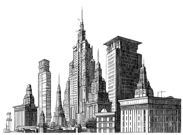 Big City Silhouette Hand Drawn Engraving Style Sketch Vector Illustration — 스톡 벡터
