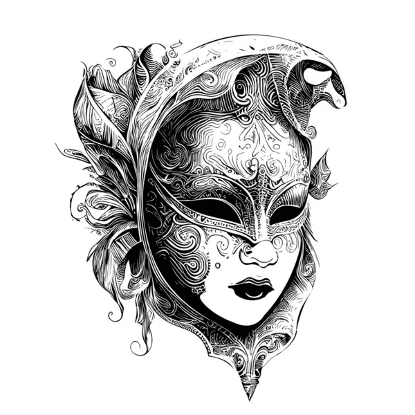 Carnival Venetian Mask Hand Drawn Engraving Style Sketch Vector Illustration — Vetor de Stock