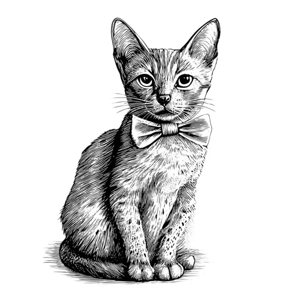 Kitten Bow Tie Hand Drawn Sketch Engraving Style Vector Illustration — Stock Vector