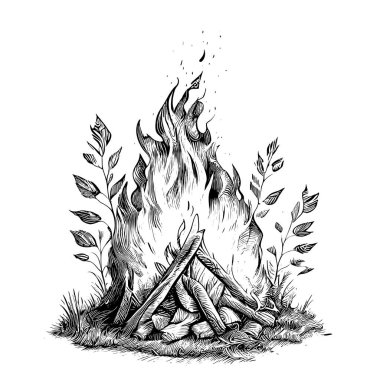 Bonfire in the woods sketch hand drawn engraving style Vector illustration