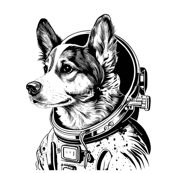 Dog Portrait Wearing Astronaut Helmet Hand Drawn Sketch Doodle Style — Stock Vector