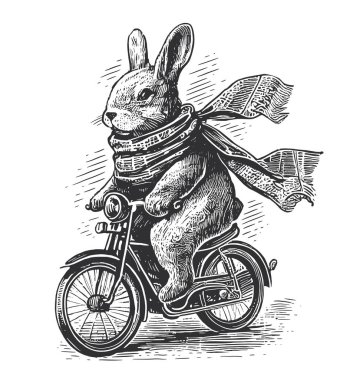 Rabbit in a scarf rides a bike hand drawn sketch in doodle style Vector illustration. clipart