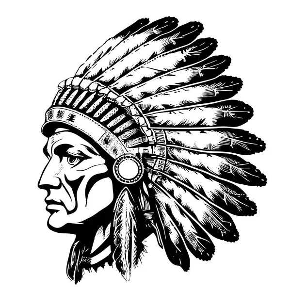 Indian Chief Face Feathers Hand Drawn Sketch Doodle Style Vector — Vetor de Stock