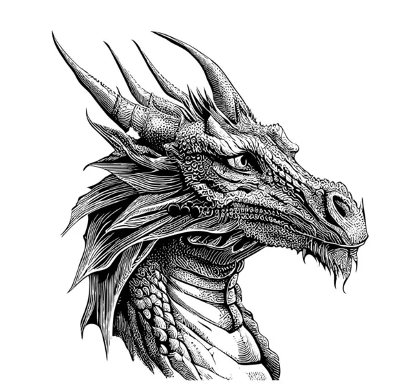 Dragon Portrait Sketch Hand Drawn Sketch Doodle Style Line Art — Vetor de Stock