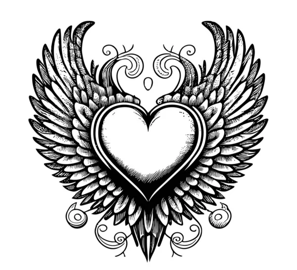Heart Arrow Wings Sketch Hand Drawn Sketch Doodle Style Vector — ストックベクタ