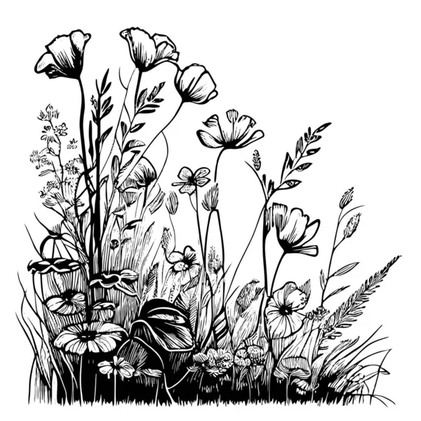 Silhouette Wild Flowers Sketch Hand Drawn Sketch Doodle Style Vector — Διανυσματικό Αρχείο