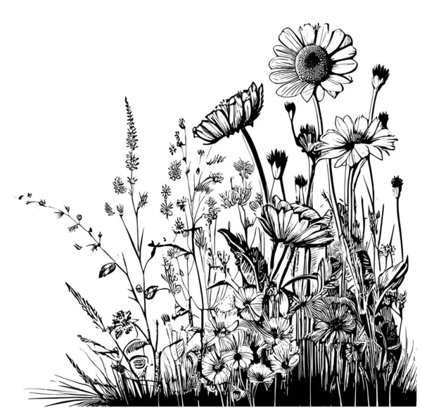 Part Field Wild Flowers Sketch Hand Drawn Sketch Doodle Style — Vettoriale Stock