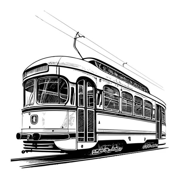 Retro Tram Hand Drawn Sketch Illustration — Vetor de Stock