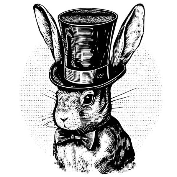 Rabbit Top Hat Suit Portrait Sketch Hand Drawn Doodle Style — Vetor de Stock