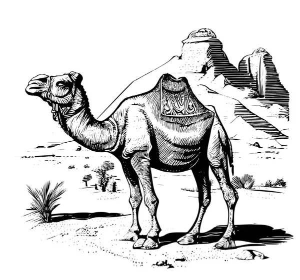 Camel Background Pyramid Hand Drawn Sketch Vector Illustration — Archivo Imágenes Vectoriales